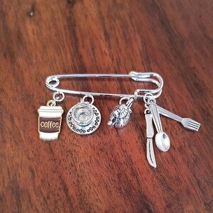 Silver 925 Plated Stainless Steel Charms Brooch with Kitchen Theme. New